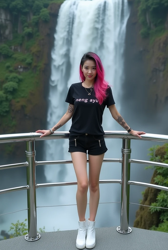 a beautiful Thai woman, standing on a silver metal deck or platform with a view of the waterfall in the background.the woman has pink black hair, gives a modern and stylish effect. He was wearing a black t-shirt that said "Neng Ayu" fhon gold the other, and modern shorts, white boots. This woman is leaning on the platform railing with both hands tattooed with a pink hello kitty pattern., look relaxed and enjoy the beautiful view. landscape