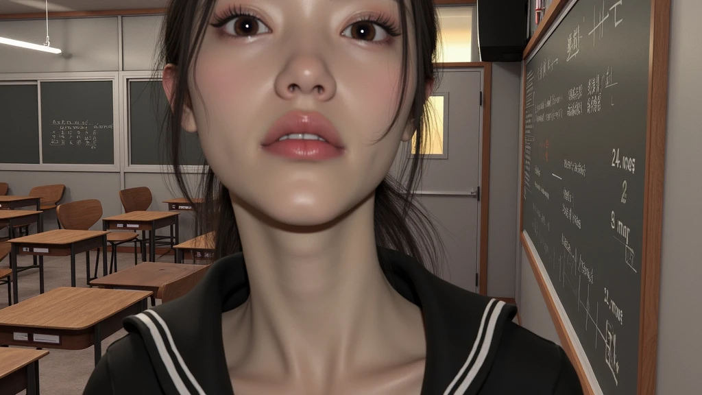 Young beautiful woman, Chinese face, long neck, Adam's apple, classroom, school uniform