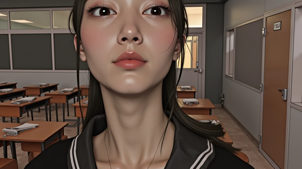 Young beautiful woman, Chinese face, long neck, Adam's apple, classroom, school uniform