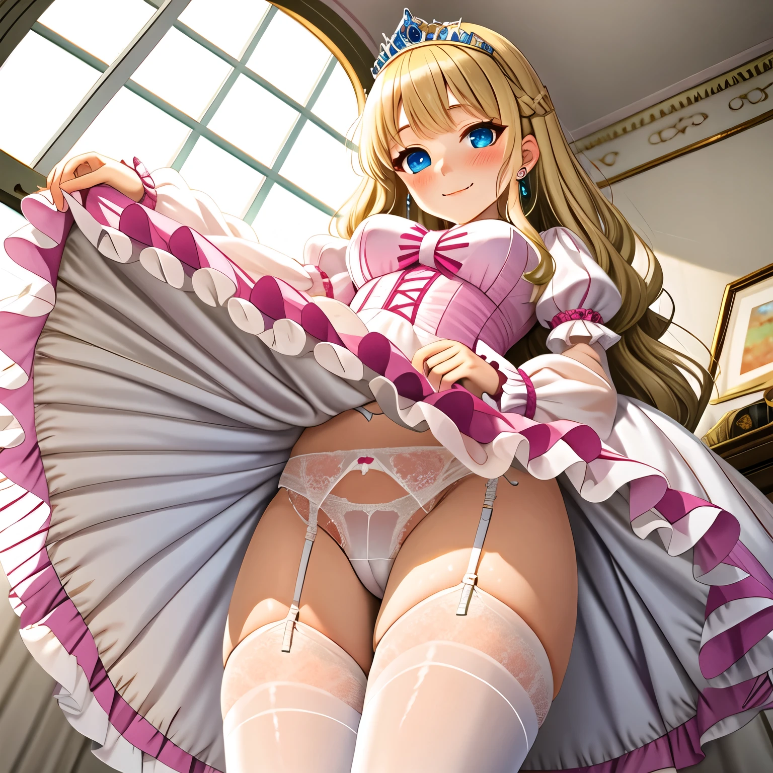 nsfw, best quality, masterpiece, super fine illustration, high quality illustrations, beautiful artwork, detailed skin, detailed face, detailed eyes, 1girl, solo, skinny, princess, (slut: 1.5), skirt lifted, white panties, , blunt bangs, blonde hair, blue eyes, blush, curly hair, wavy hair, long hair, silver tiara, very long hair, smile, white garter belt, white garter straps, indoors, princess dress, juliet sleeves, long sleeves, from below, looking at viewer, puffy long sleeves, puffy sleeves, see-through, skirt, white thigh highs, window, canopy bed, curtains, (from below:1.3)