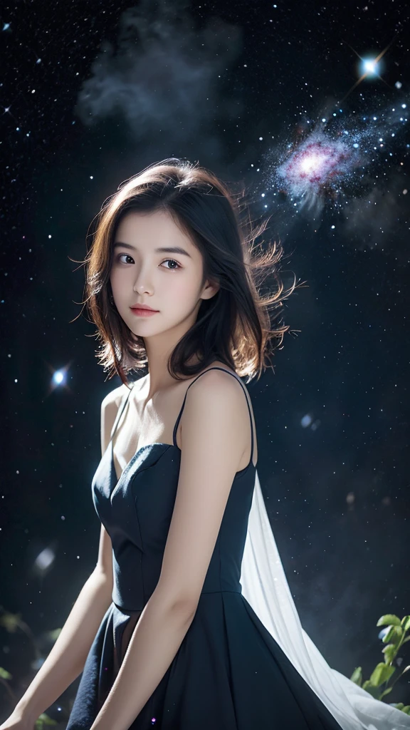 (best quality, masterpiece), 1girl, pose, particle, wind, flower, upper body, simple background, looking at viewer, black wildly hair, cosmic, nebulas, galaxy