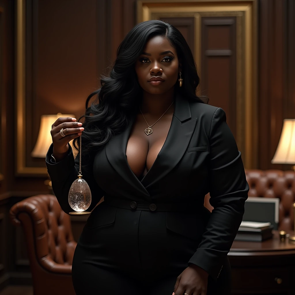 (photorealism:1.2 plus size dark skin ebony melanin curvaceous woman exuding power and authority with a findom persona hypnotizing men using a pedlum cystal in a high end private office