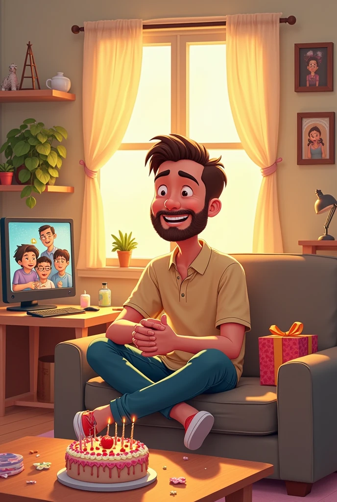 An animated drawing of a man celebrating birthday abread alone but while being in a video call with his mother, father and two brothers.