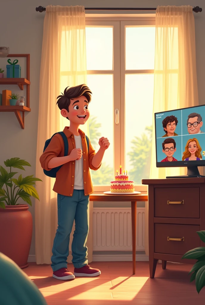 An animated drawing of a man celebrating birthday abread alone but while being in a video call with his mother, father and two brothers.
