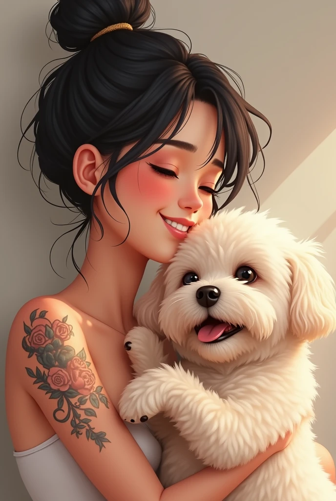 A young woman with black hair tied in a bun, a tattoo on her left upper arm, hugging a cream-colored Maltipoo, smiling cutely.