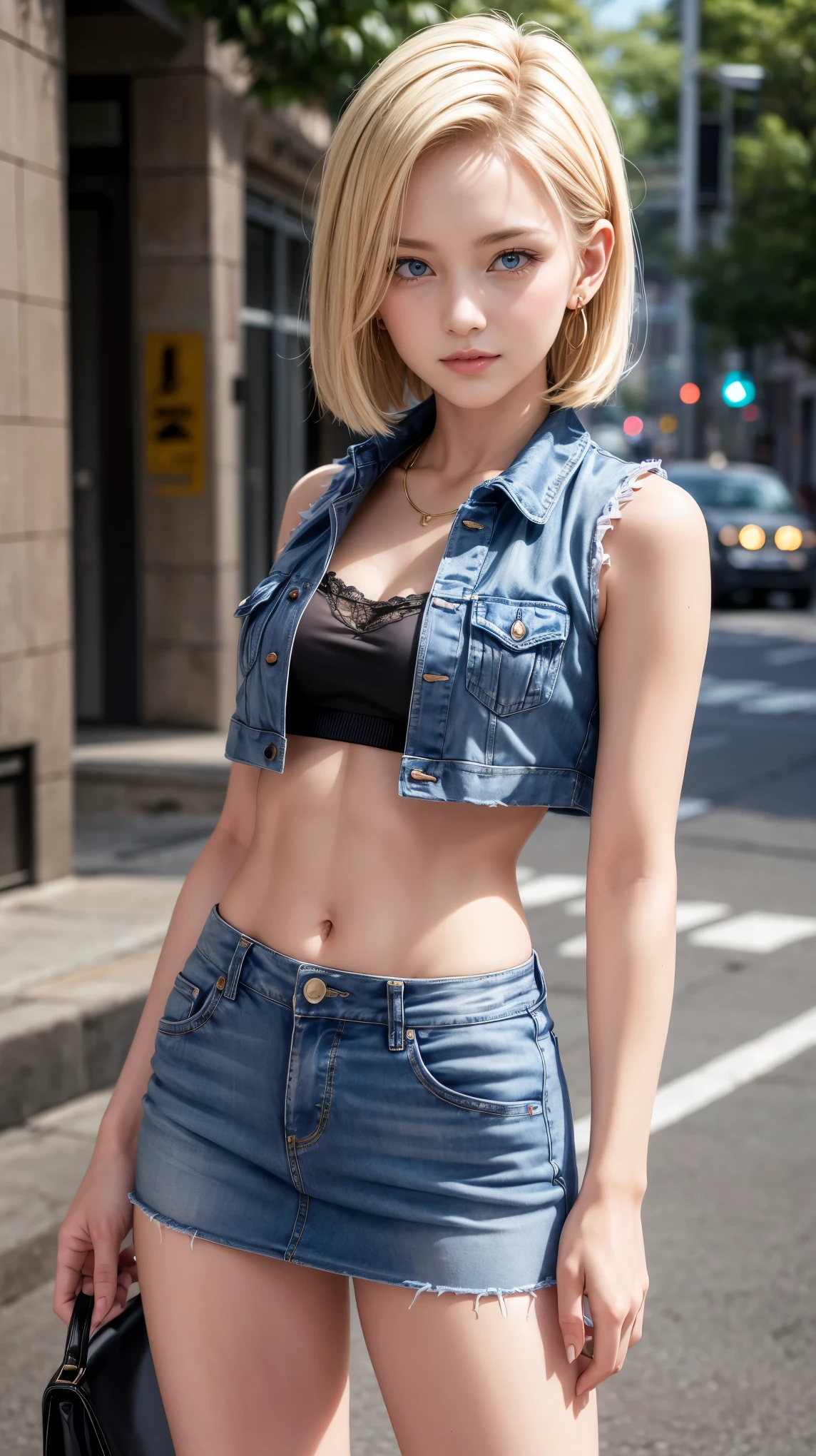 Highest quality, High resolution, AND18, One Girl, Android 18, alone, Blonde, blue eyes, short hair, Cute smile,Earrings, jewelry, Denim dress, Open Vest, Black sports bra, Jeans Mini Skirt, Blue mini skirt, Small breasts, Cowboy Shot, Pose with buttocks sticking out and turning around,street, (External dilated chest: 1.2),