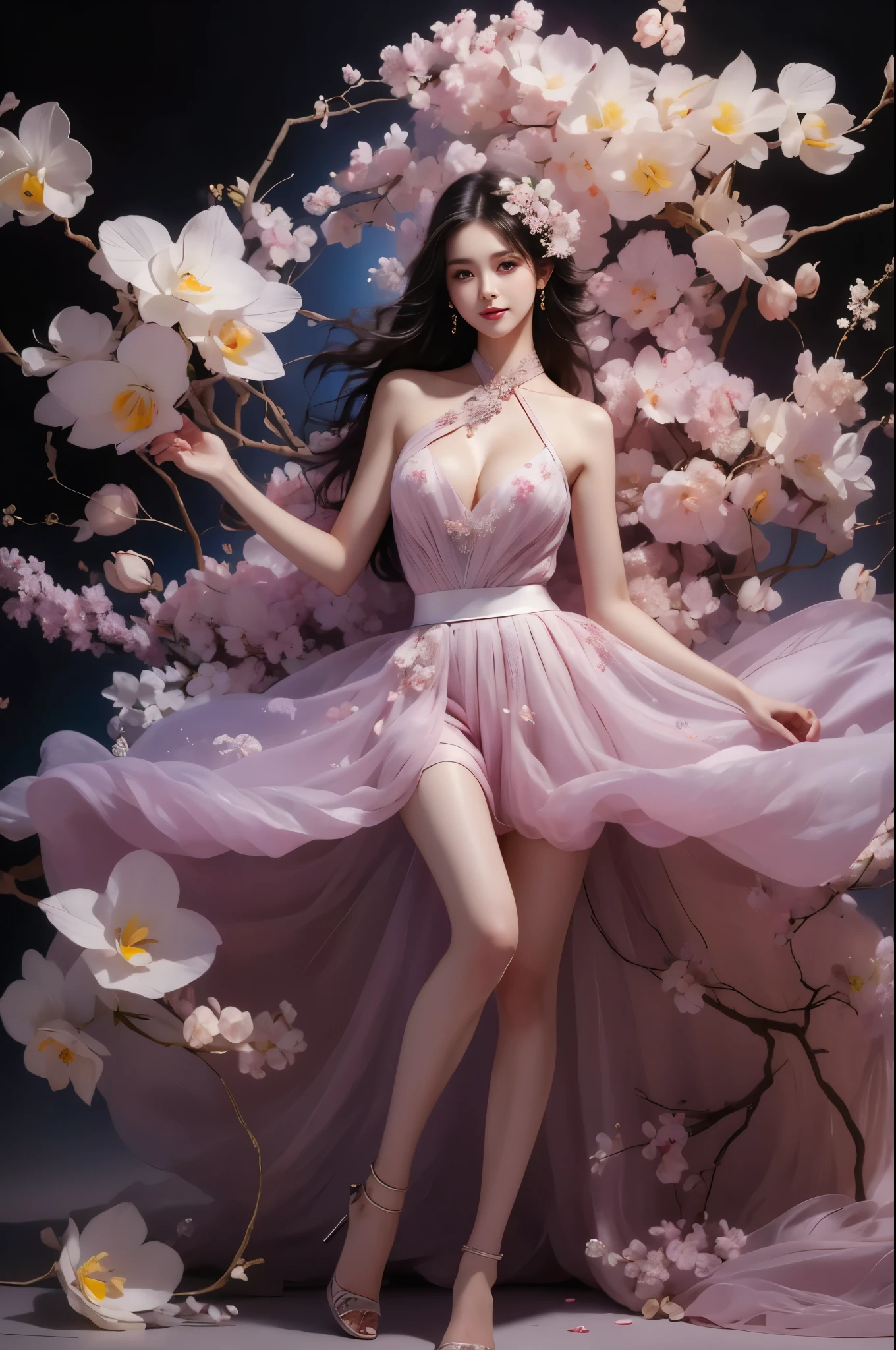 fodress(quality improvement:1.4),1girl, Full breasts,Visible cleavage,Sexy long legs,The skirt is short,She gently lifted her skirt with one hand,Surrounded by white Phalaenopsis orchids,Lilac dendrobium、White Lily, Flying petals,(Top quality leather), Delicate face,Black Hair, Gradient hair, Body,(Body1.1), He has a precious gem on his forehead., Shining Student,Long eyelashes,Smile, Surrealism, Movie Lighting, Projection Insertion, Surrealism, Ultra HD, masterpiece,lie,Keep dreaming,Open your legs slightly.,Tattoo,Fantasy Space,Luxurious space,Exquisite makeup,Blush,Shy expression