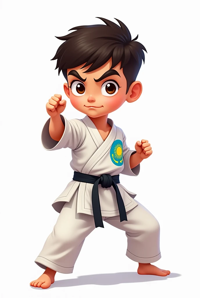 ((officially)) ((masterpiece)) ((Best quality)) ((detailed)) cartoon boy karateka in uniform with emblem flag of Kazakhstan in fighting stance on white background