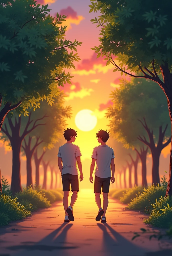 Two anime males friends are walking straight down a tree-lined path with the sun setting in front of them and the sun's rays falling on the two friends.