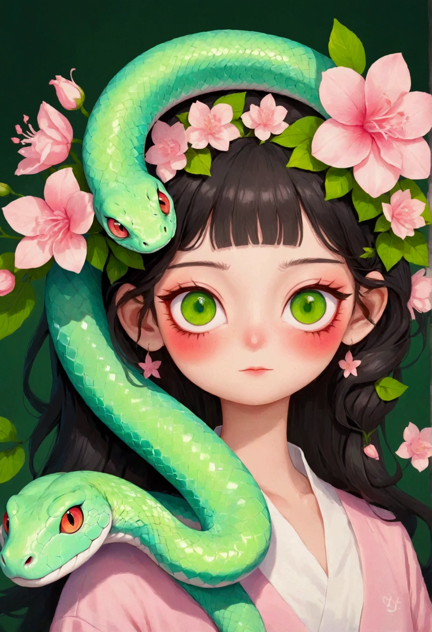 Cartoon,cute,A beautiful girl,A painting with a pink flower on the head, Green Snake,Snake Face Woman, Ms. Entropy,
