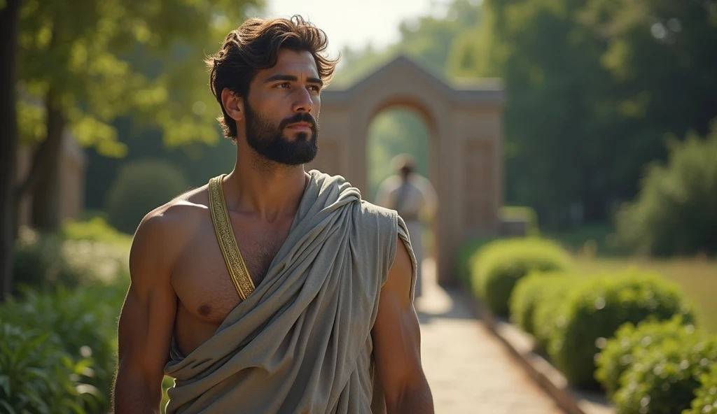 “A male Stoic philosopher, around 2, stands in a serene garden, symbolizing the mind’s sanctuary. He possesses a well-proportioned and attractive physique, with slightly tanned skin. His very short, well-trimmed beard and wavy, well-styled hair, drawing attention wherever he goes. He is dressed in a classic tunic in soft earthy tones of gray, with subtle gold details, which fall gently on his body, subtly revealing his shoulder. In the scene, the philosopher stands with a calm yet determined expression, facing a clear line in the garden that marks a boundary. On the other side of this line are shadowy, indistinct figures representing negative influences and toxic relationships. The philosopher is in the act of closing and securing a symbolic gate along this boundary, reinforcing it to protect his well-being. The garden behind him is lush and peaceful, symbolizing inner clarity and peace, while the area beyond the boundary is dark and chaotic, representing the negativity he is excluding from his life.