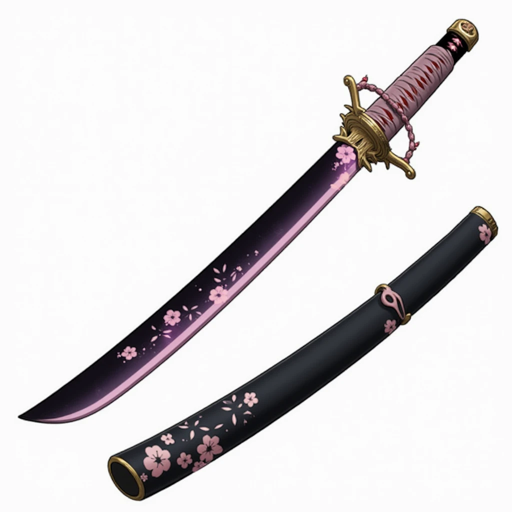 Style kimestu no yaibai, une épée a reflet rose avec des motif de fleurs de cerisier