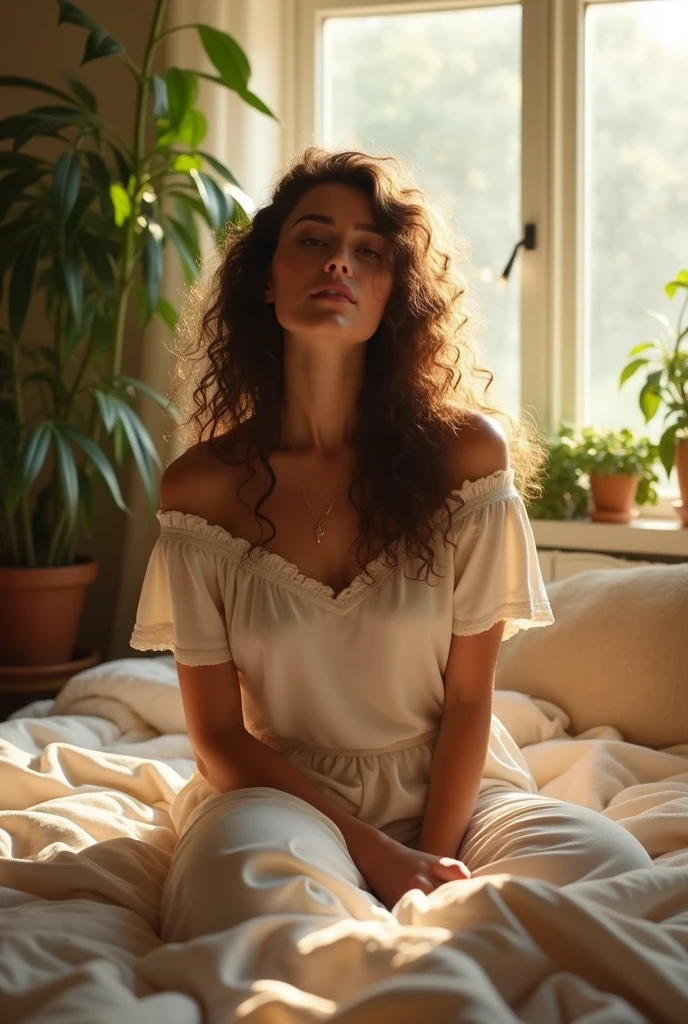 (photorealism:1.2), beautiful woman, sitting on bed, wearing loose off-shoulder top, pajama pants, long curly hair, indoors, soft lighting, plants in background, window with sunlight, cozy room, relaxed pose, realistic, intricate details, warm colors, by Greg Rutkowski, by Alphonse Mucha