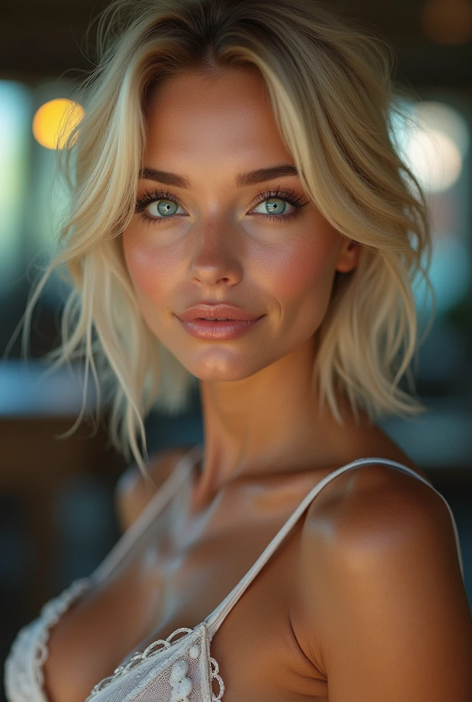 1girl, looking at viewer, beautiful detailed eyes, beautiful detailed lips, extremely detailed face and eyes, long eyelashes, smiling, short blonde hair, blue eyes, curvy body, full body, large breasts, realistic, photo-realistic, 8k, best quality, masterpiece, high detail, physically-based rendering, vivid colors, studio lighting