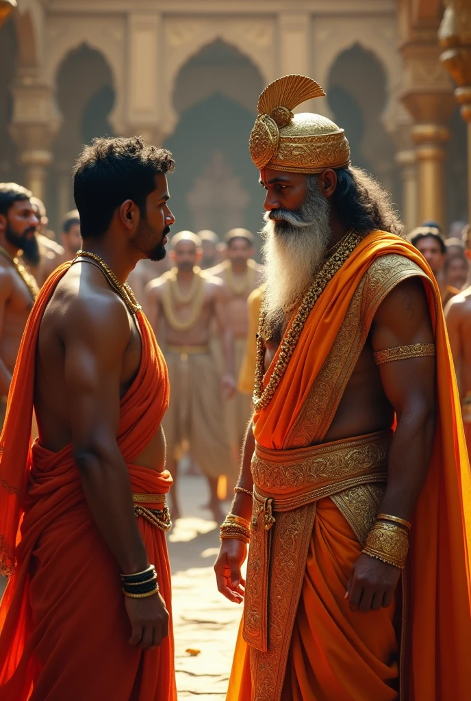One bramhana men met a king on his kingdom and they both discussing about something ,that king looks very beautiful and. Golden ornaments on his body there is no body except king and young bramhana men he is male  ,they are discussing some topic in that kingdom