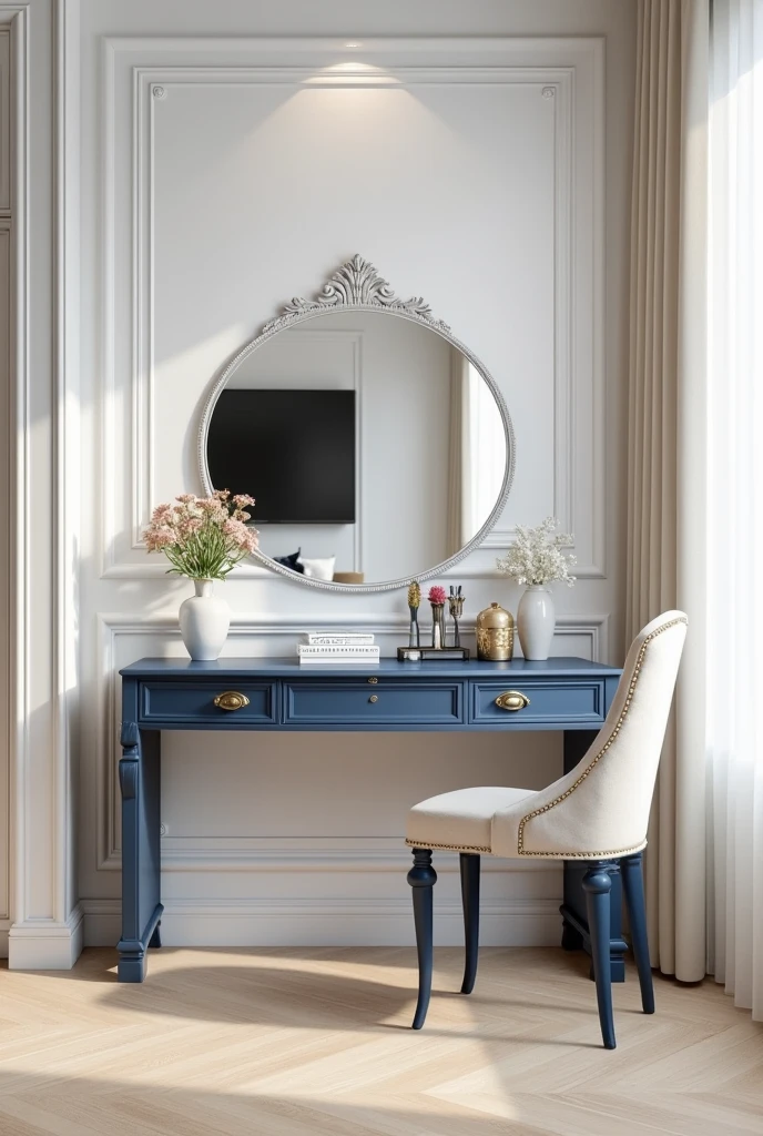 Professional 3d architecture rendering design of modern and gold French design for matte white  and dark blue makeup table with beautiful mirror and white wall and elegant accessories and white mirror and light so light wooden laminate floor dressing table and TV shelf