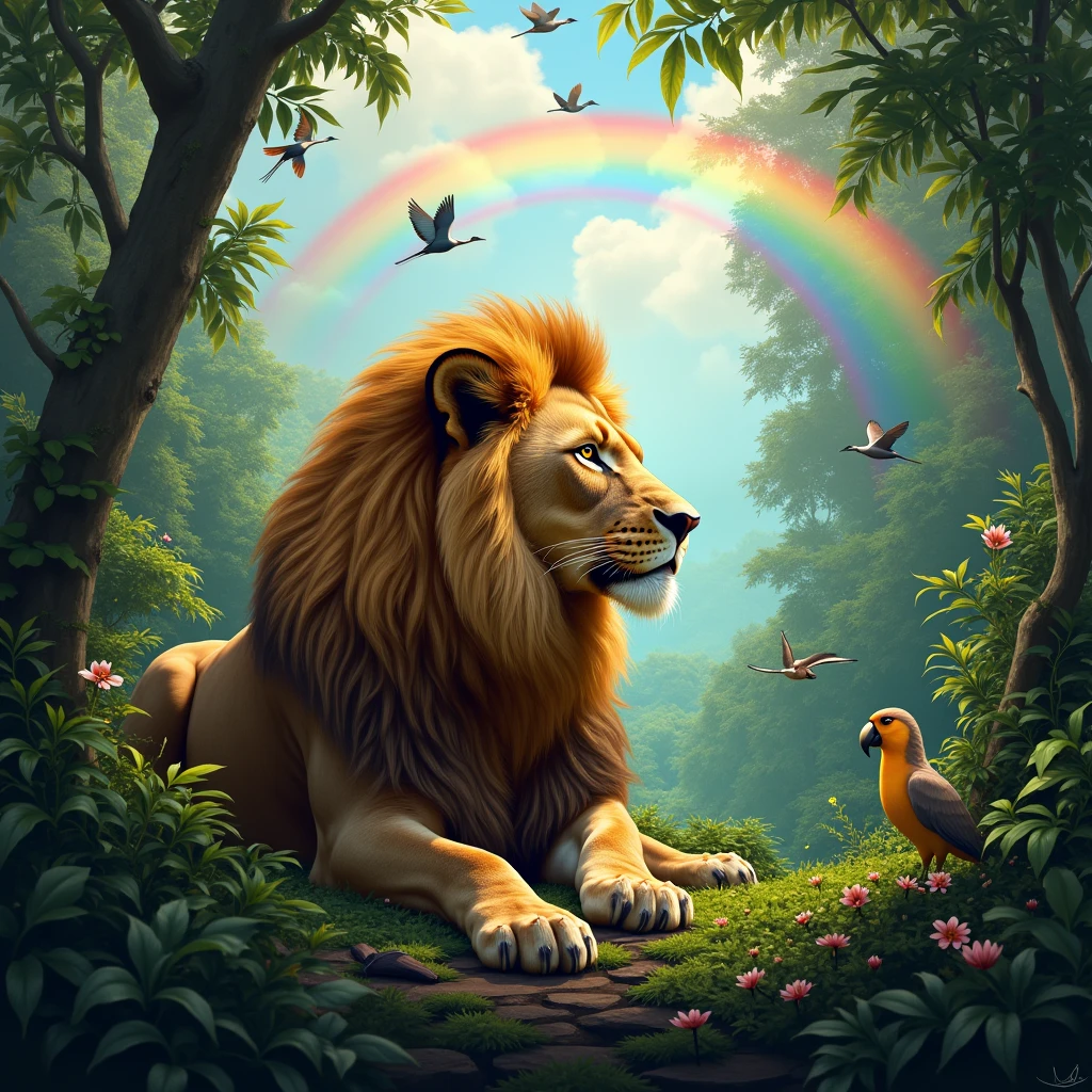 Lion sitting in Amazon forest, birds flying, nature, green, animals, beautiful, detailed, rainbow, masterpiece, realistic and slightly cartoony
