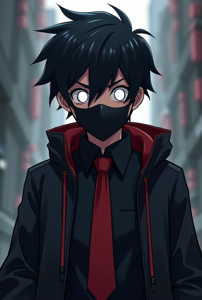 A boy wearing black jakat,looking , red tai,black mask on full face White eyes, mincraft theme anime