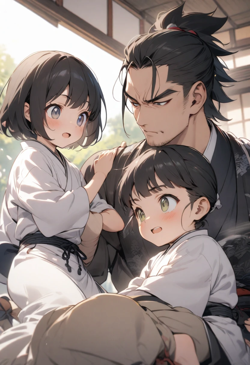 A young samurai is training with his family