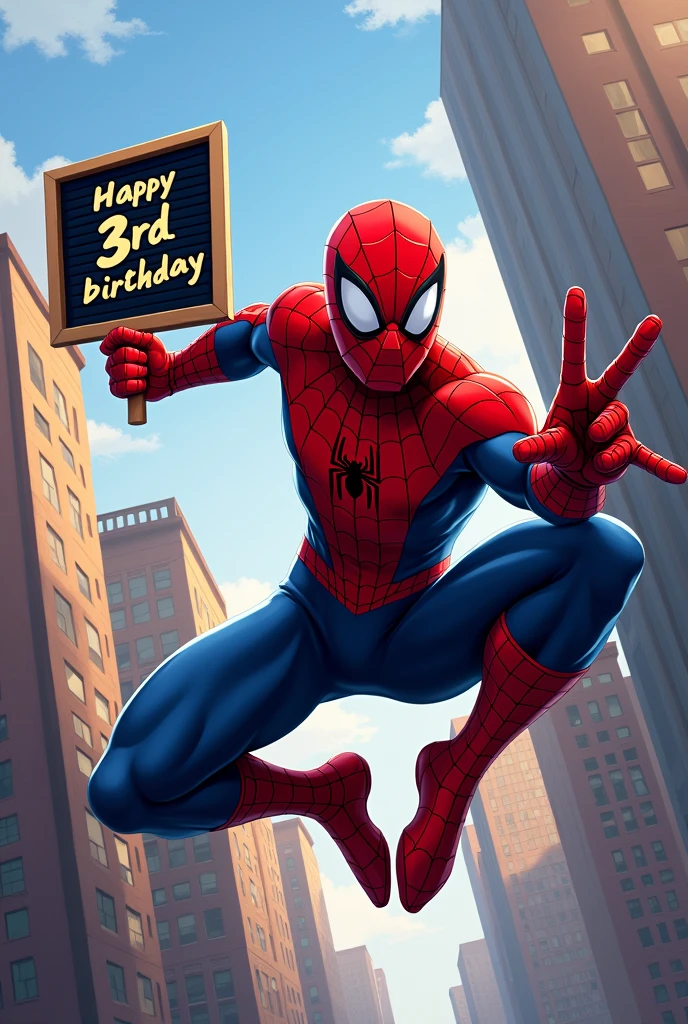 Spiderman on action and right hand pose and on left hand hold board state "Happy 3rd Birthday Ahmad Zufar!"