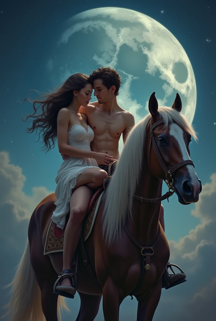 A nude sexy girl with her boyfriend on the horse in the moon