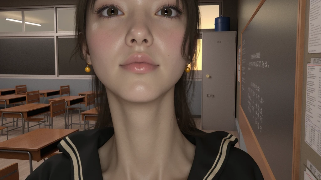 Young beautiful woman, Chinese face, long neck, Adam's apple, classroom, school uniform