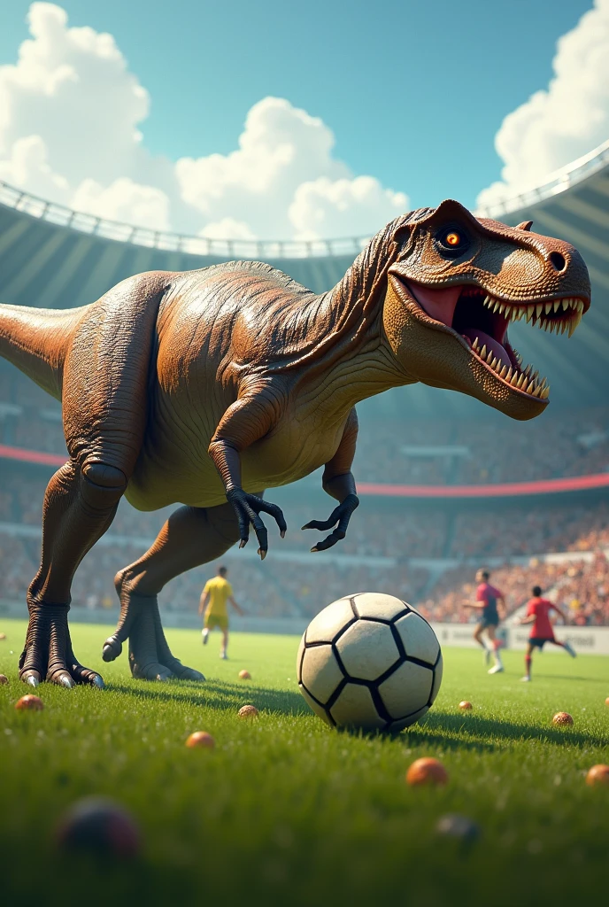 Tyrannosaurus rex playing soccer