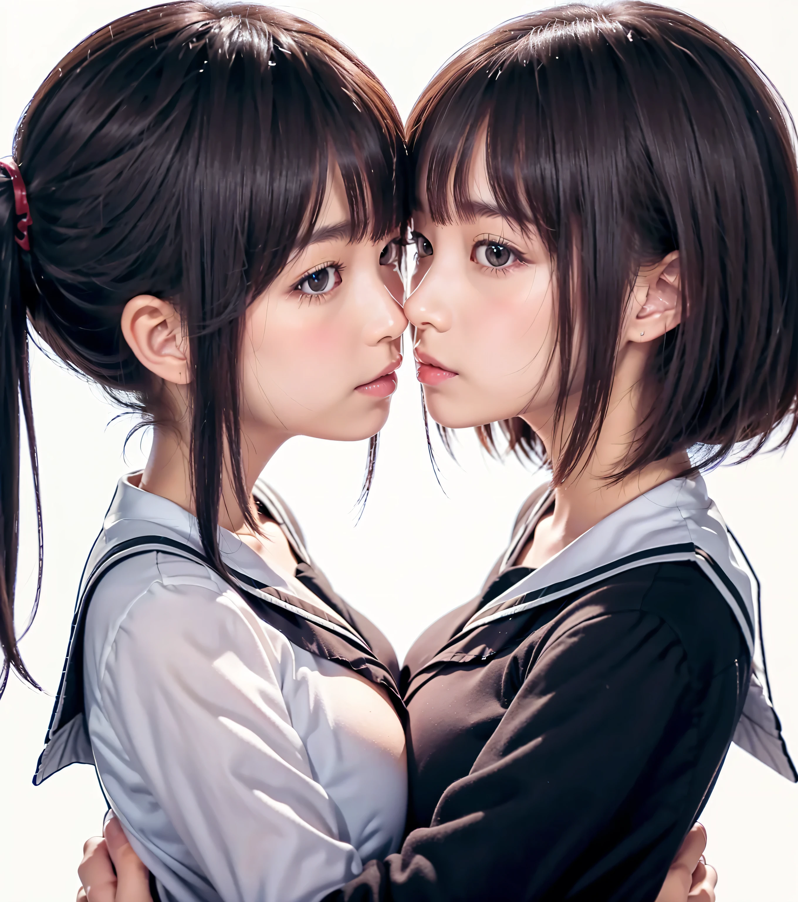 8k,masterpiece,Japanese,best quality, (schoolgirls:1.2), (kissing:1.2), (breasts:1.3)