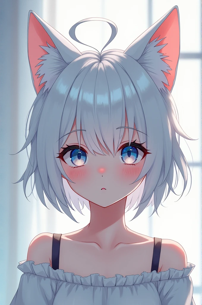 Anime girl with short white hair and naked cat ears