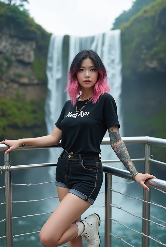 a beautiful Thai woman, standing on a silver metal deck or platform with a view of the waterfall in the background.the woman has pink black hair, gives a modern and stylish effect. He was wearing a black t-shirt that said "Neng Ayu" fhon gold the other, and modern shorts, white boots. This woman is leaning on the platform railing with both hands and feet intricately tattooed., look relaxed and enjoy the beautiful view. landscape