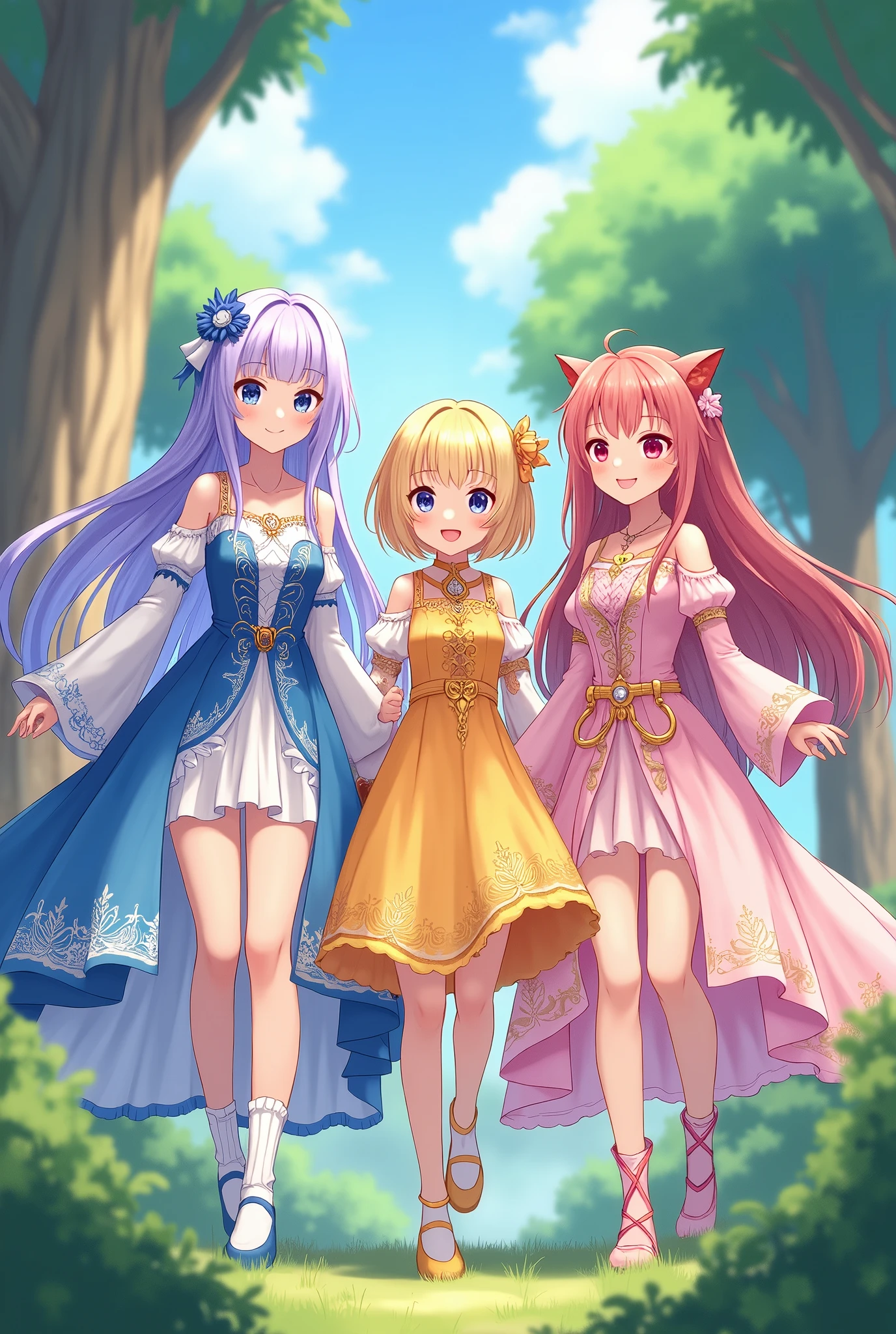 3 beautiful young girls the first girl with long lavender hair with bangs with dull light blue eyes wearing a gorgeous blue and white dress with detailed sleeves and very short socks. The second girl with short sun yellow hair with bangs and a yellow and orange dress with a big gold necklace is the happiest and the third has long hair with bangs to the sides strawberry pink with dull pink eyes in a strong and light pink dress with white with one side at the waist long socks ( girls between 16 and 18) medieval era anime ( the dresses are like the gemshin impact game)