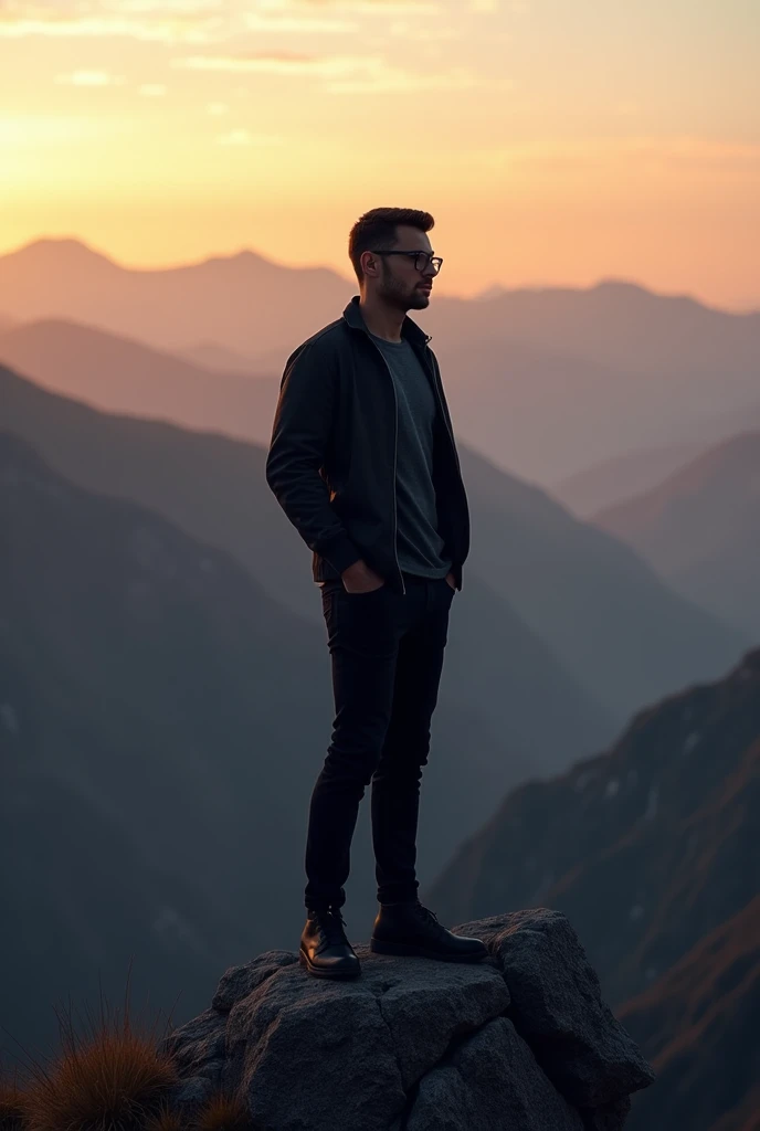 A man on the mountain standing or this bmw and wear a black glasses in evening