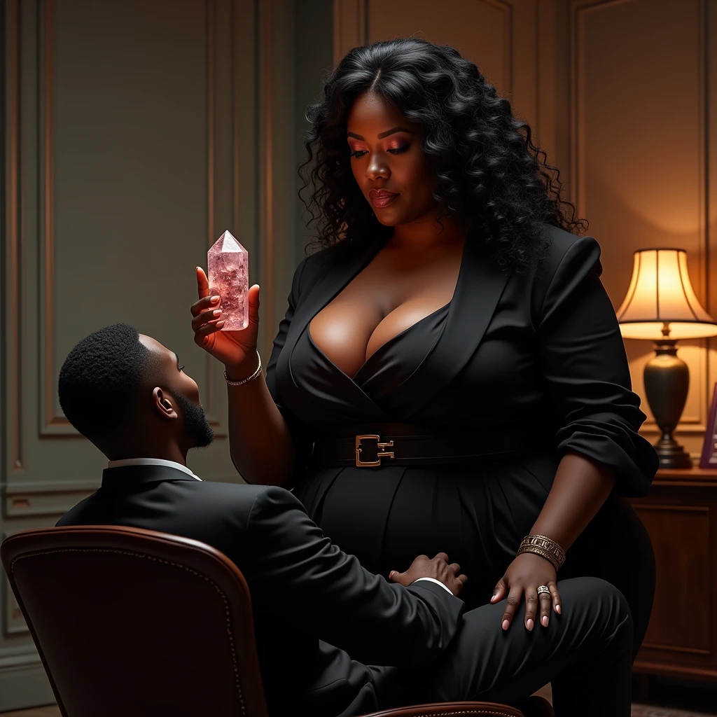 (photorealism:1.2 plus size dark skin ebony melanin curvaceous woman exuding power and authority dress in desiner clothing such as lingerie or a sexy dress with a findom persona hypnotizing men using a pedlum cystal in a high end in front private office male in chair