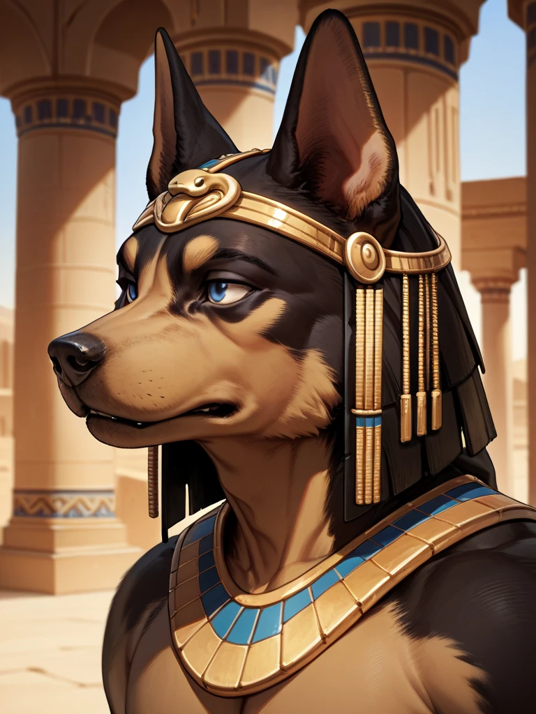 score_9,score_8_up,score_7_up, source_furry, Egyptian Temple, desert, ancient Egyptian, ((Dog head, Man&#39;s body)), Egyptian Palace。 Anubis，Sitting on the grand throne。，His beautiful obsidian skin gleams in the sun，Perfect body，Abdominal muscles。His legs were casually crossed, revealing a huge sole。He looked down at you in amusement.
