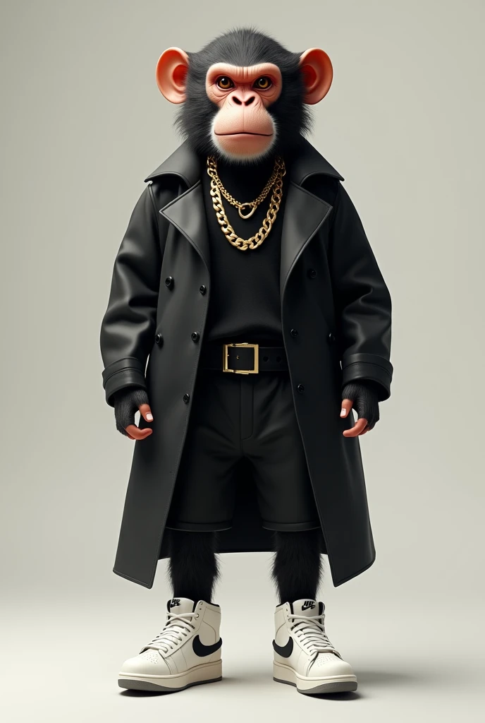 Adult monkey wearing a black coat and black shorts and a gold chain around his neck and white high-top Nike sneakers