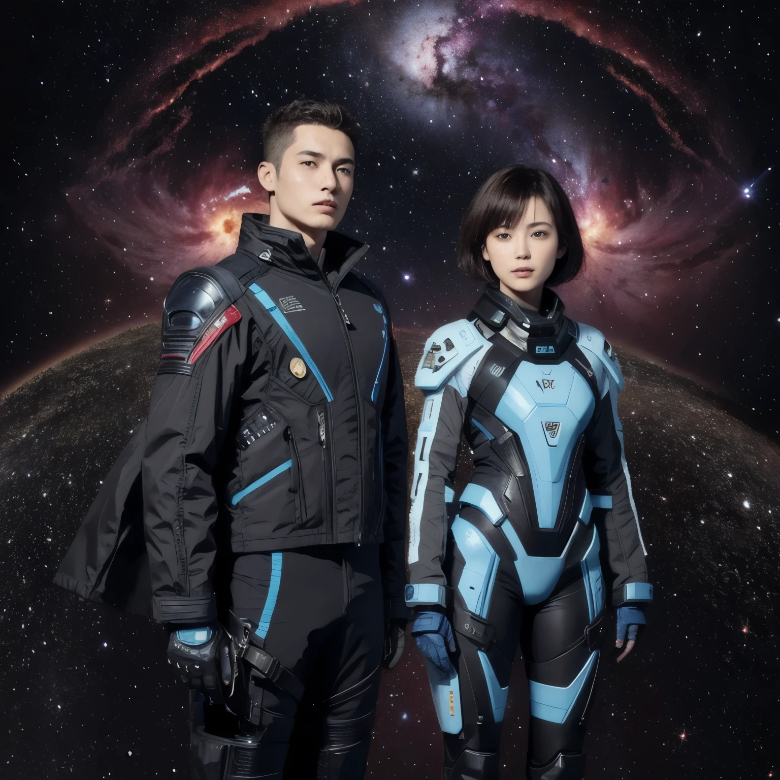 277 (20-year-old woman,Short Hair), (20-year-old male), Are standing, flower, Futuristic clothing, machinery suit, (The background is a galaxy and nebula)