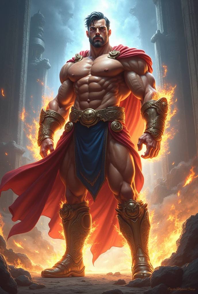 A warrior that is a mixture of , marvel Thor, Superman, goku, ares, god of war Zeus and Hercules, bare chest, buff, ripped, abs,