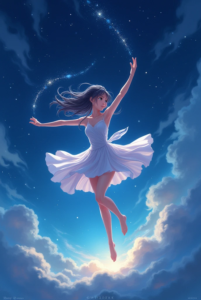 Anime girl dancing in the night sky