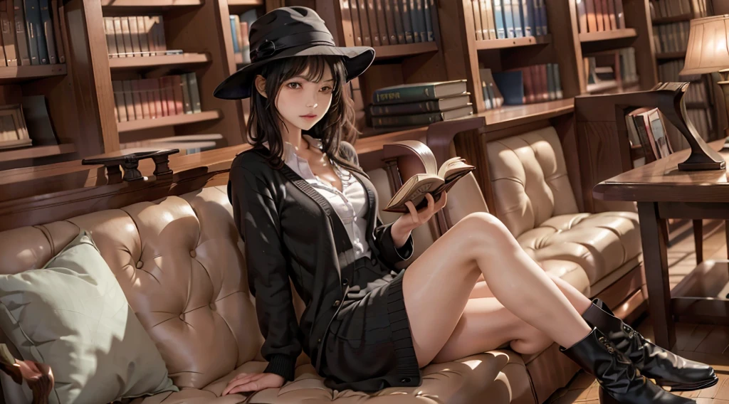 One woman reading a grimoire at a seat in a fantastic library, Black Hat, Black Boots, Black Long Cardigan, White dress, Black hair, Short bob