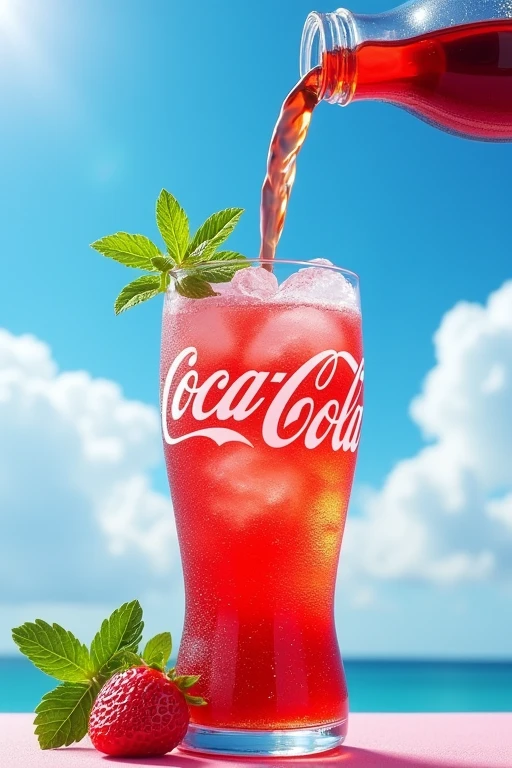 Pub pour coca à la fraise, plutôt frais avec de la menthe en déco, et un beau soleil et des nuages bleus au dessus