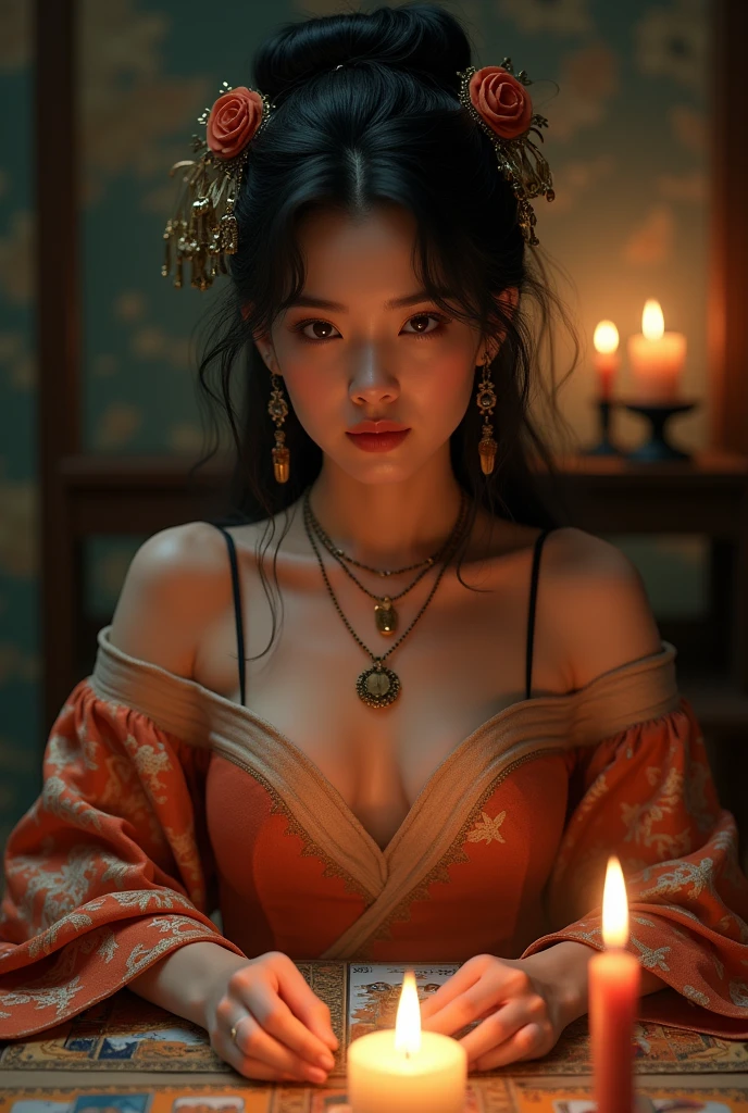 top quality, masterpiece, hi-res, 1 woman, 3, Japanese, western style fortune teller outfit, hair ornament, necklace, jewelry, beautiful face, calm smile, upon_body, Tyndall effect, photorealistic, divination room, candles on table, tarot cards, rim lighting, two tone Lighting, (High Definition Skin:1.2), 8k uhd, DSLR, soft lighting, high quality, volumetric lighting, candid, photography, high resolution, 4k, 8k, bokeh