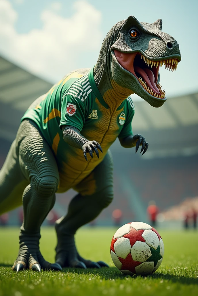 Tyrannosaurus rex playing soccer with a Betis shirt
