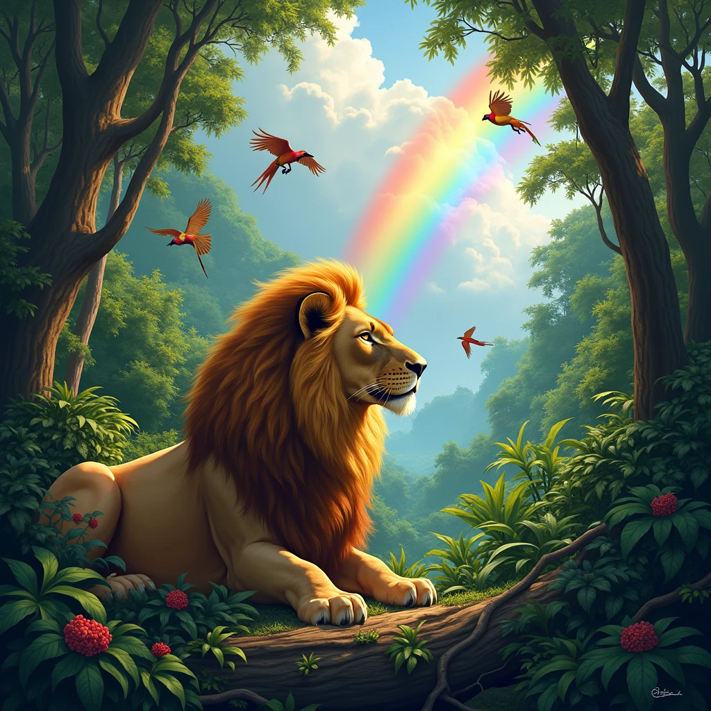 Lion sitting in Amazon forest, birds flying, nature, green, animals, beautiful, detailed, rainbow, masterpiece, realistic and slightly cartoony