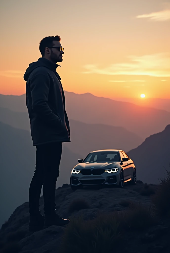 A man on the mountain standing or this car bmw and wear a black glasses in evening