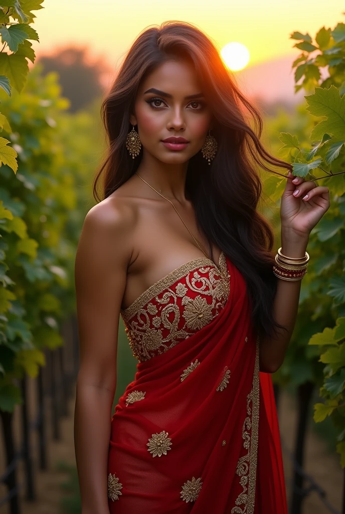 "A beautiful woman with long, flowing dark hair stands in a lush vineyard. She is wearing an elegant red sari with intricate gold embroidery and matching gold accessories, including earrings and a bracelet. The sun is setting in the background, casting a warm golden glow over the vineyard. Rows of green grapevines stretch into the distance, creating a peaceful and scenic atmosphere. The woman has a serene expression, gently touching the leaves of the vines.