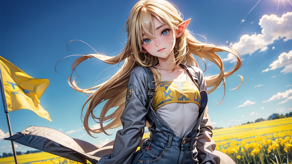 ((Masterpiece)), (Anime:1.5), ((best quality)), (RAW photo:1.2), (High Definition:1.3), (Professional Photography:1.2), (), (1girl), cute young girl, BREAK, (naughty face:1.3), (Beautiful daiamond eyes:1.5), (pale skin), elf girl, wearing Gray Workwear Coveralls, flat chest, slender waist, BREAK, (hair over eyes:1.2), Silky hair, medium hair, ((blond hair)), wearing Gray Workwear Coveralls, (in a wheat field among agricultural machinery), ((full length image of a girl)), ((low-cut neckline)), (open clothing in the chest area), ((Ukrainian flag on the background in the field)), Ukrainian flag on a flagpole, full length image of a girl, slender legs, (yellow blue flag of the state of Ukraine:1.5)