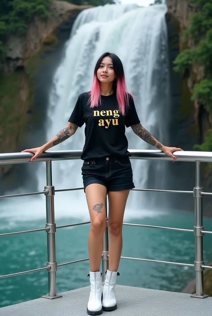 a beautiful Thai woman, standing on a silver metal deck or platform with a view of the waterfall in the background.the woman has pink black hair, gives a modern and stylish effect. He was wearing a black t-shirt that said "Neng Ayu" fhon gold the other, and modern shorts, white boots. This woman is leaning on the platform railing with both her hands and thighs covered in intricate tattoos.,  look relaxed and enjoy the beautiful view. landscape