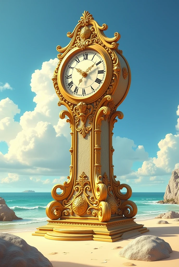 long and big gold clock at the beach