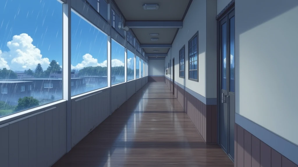   japanese school corridor, no people, raining, day, clouds, In the style of Makoto Shinkai。master piece, ultra detail, precision, ultra-realistic,
