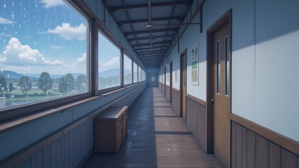 japanese school corridor, no people, raining, day, clouds, In the style of Makoto Shinkai。master piece, ultra detail, precision, ultra-realistic,